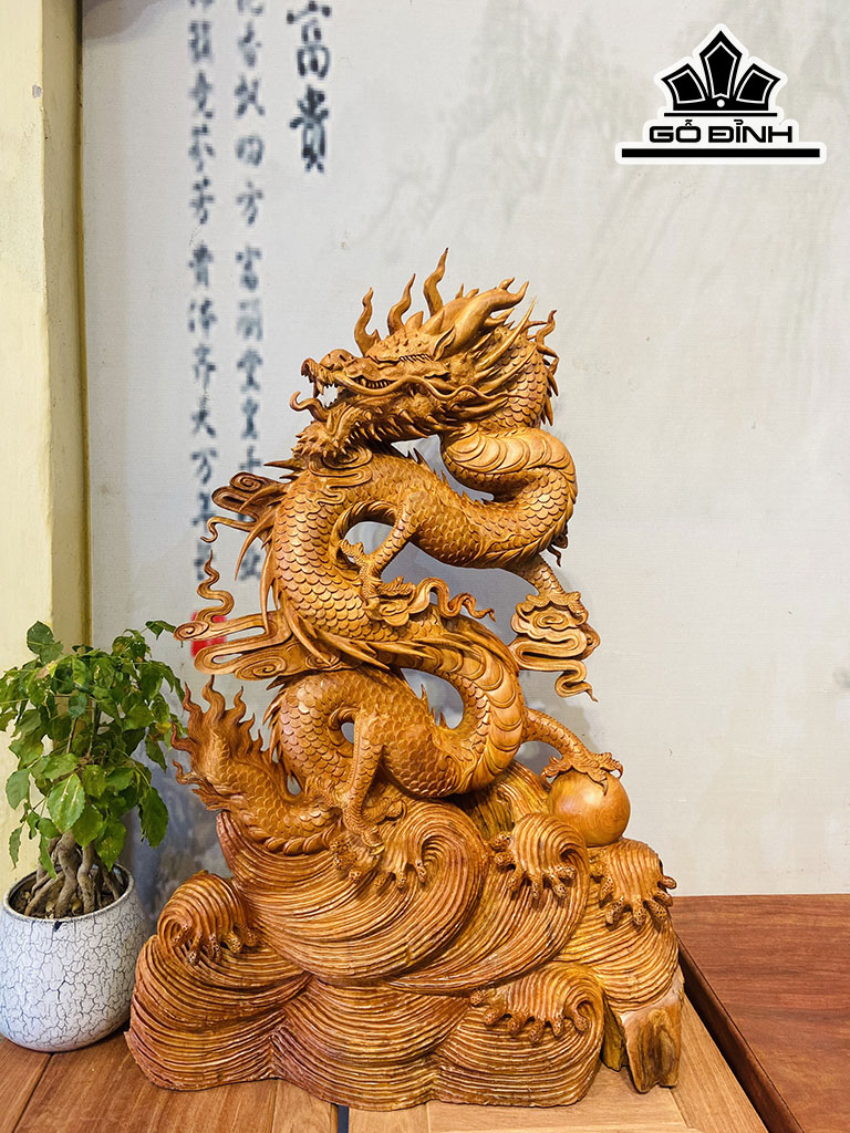 Tượng Nhất Long Vờn Ngọc Gỗ Hương Cao 83 Ngang 55 Sâu 20 (cm)