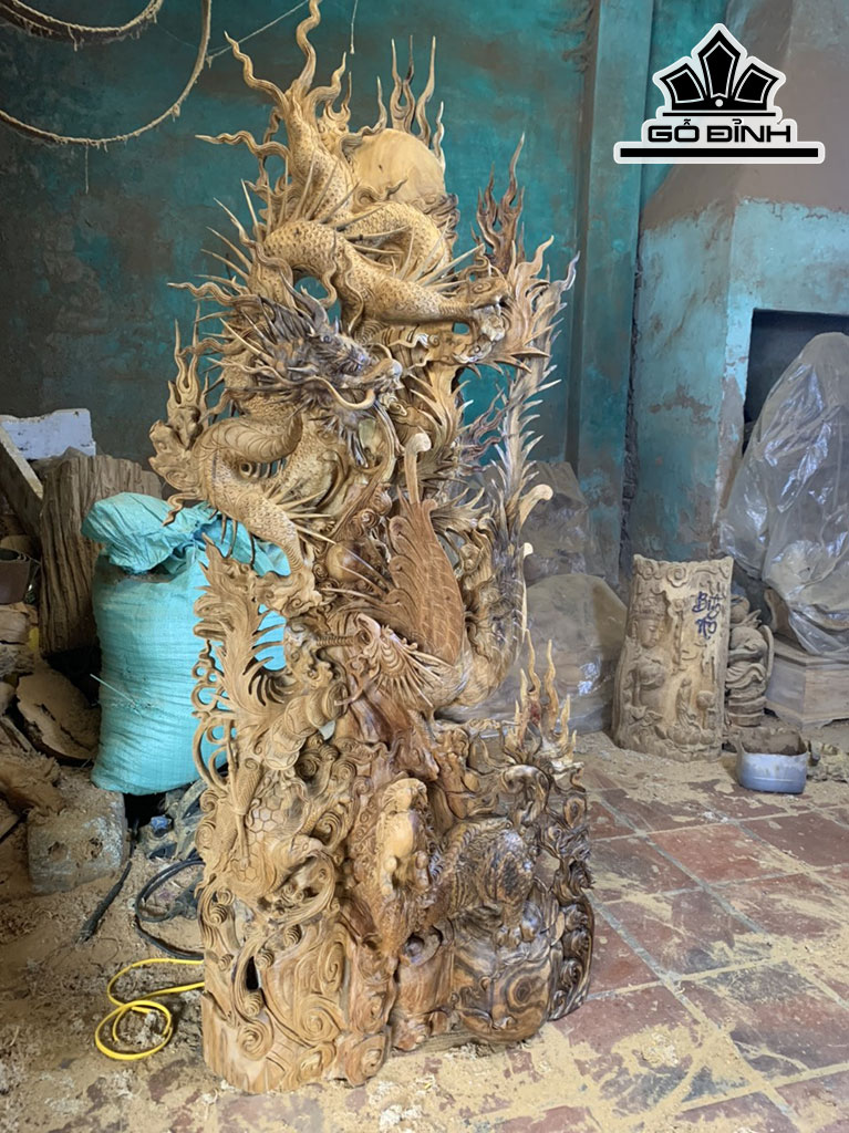 Tượng Tứ Linh Gỗ Bách Xanh Cao 162 Ngang 62 Sâu 23 (cm)