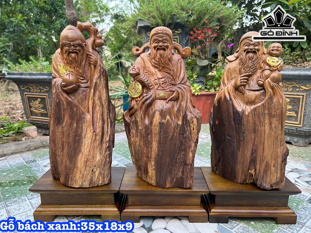 Tượng Phúc Lộc Thọ (Tam Đa) Gỗ Bách Xanh Cao 35 Ngang 18 Sâu 9 (cm)