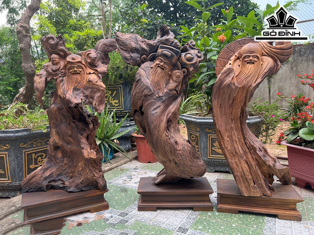 Tượng Phúc Lộc Thọ (Tam Đa) Gỗ Bách Xanh Cao 64 Ngang 34 Sâu 20 (cm)