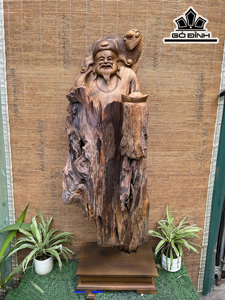 Tượng Thần Tài Gỗ Bách Xanh Cao 85 Ngang 29 Sâu 23 (cm)