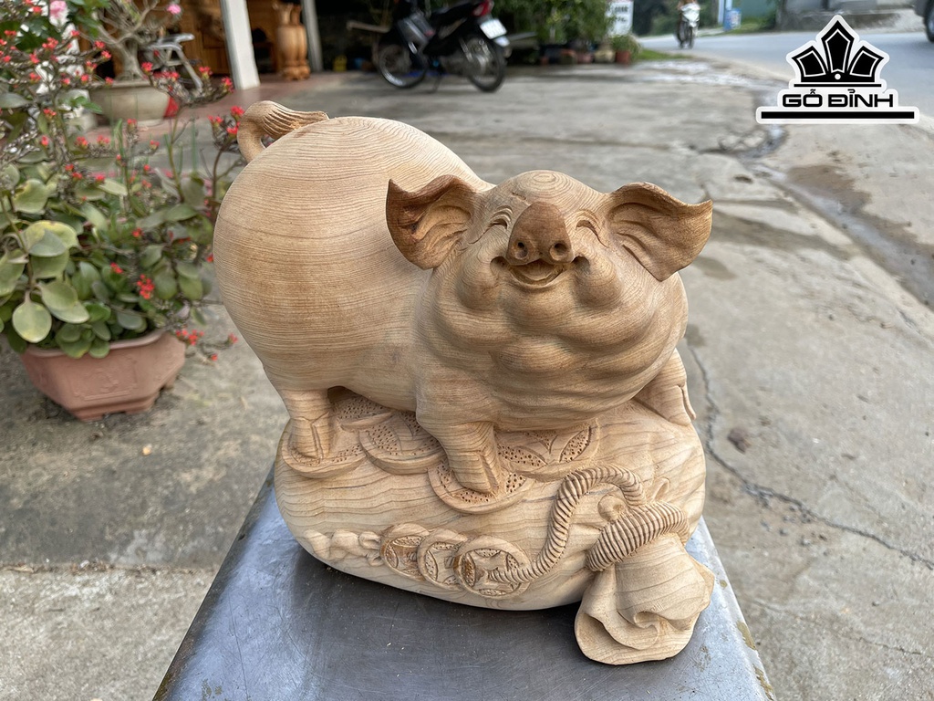 Tượng Heo Phong Thủy Gỗ Ngọc Am Cao 29 Ngang 27 Sâu 19 (cm)