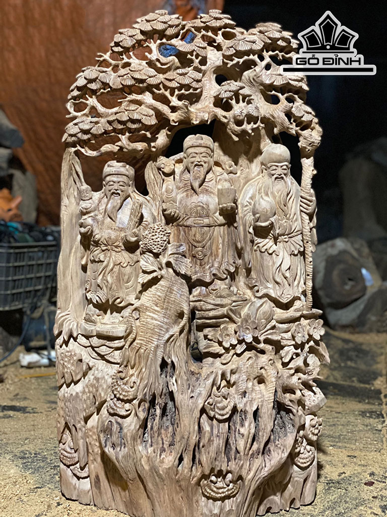 Tượng Phúc Lộc Thọ (Tam Đa) Gỗ Ngọc Am Cao 100 Ngang 56 Sâu 18 (cm)