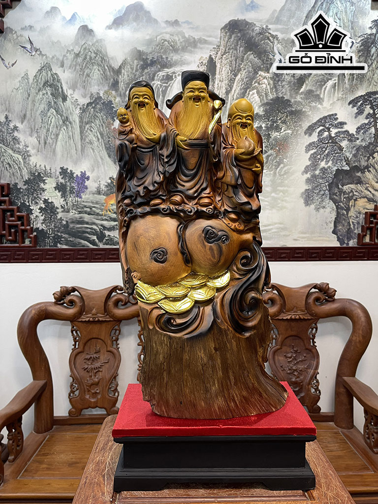 Tượng Phúc Lộc Thọ (Tam Đa) Gỗ Bách Xanh Cao 63 Ngang 32 Sâu 15 (cm)