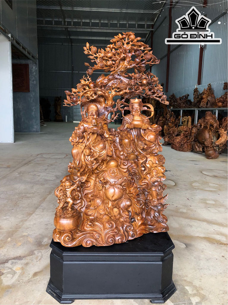 Tượng Phúc Lộc Thọ (Tam Đa) Gỗ Bách Xanh Cao 112 Ngang 65 Sâu 32 (cm)
