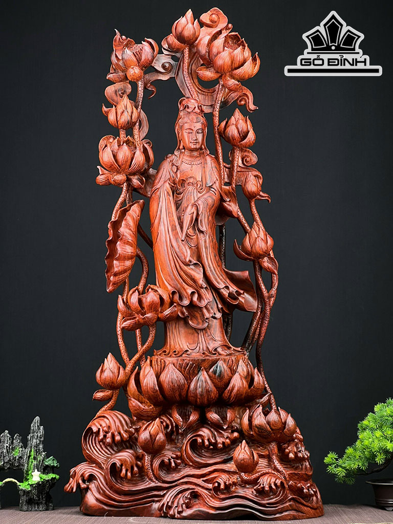 Tượng Phật Bà Quan Âm Gỗ Trắc Cao 94 Ngang 45 Sâu 23 (cm)