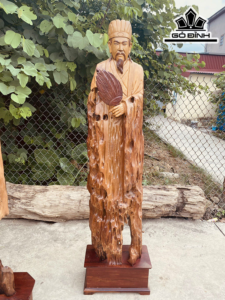Tượng Gia Cát Lượng Gỗ Lũa Dổi Cao 162 Ngang 43 Sâu 20 (cm)