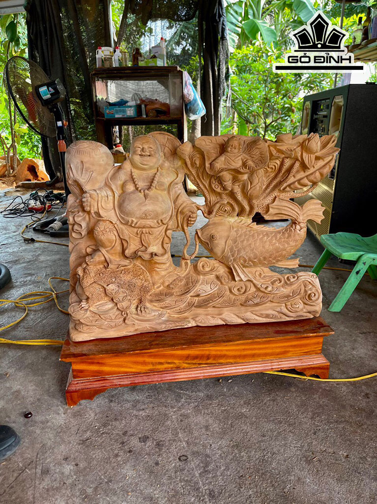 Tượng Di Lặc Gỗ Ngọc Am Cao 50 Ngang 70 Sâu 18 Kỷ Cao 15 (cm)
