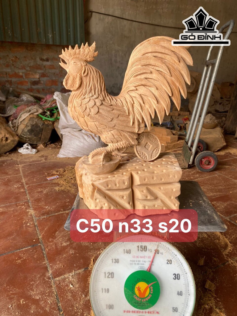 Tượng Gà Trống Gỗ Ngọc Am Cao 50 Ngang 33 Sâu 20 (cm)