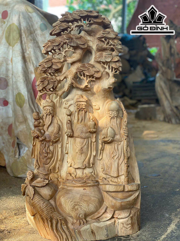 Tượng Phúc Lộc Thọ (Tam Đa) Gỗ Ngọc Am Cao 84 Ngang 43 Sâu 28 (cm)
