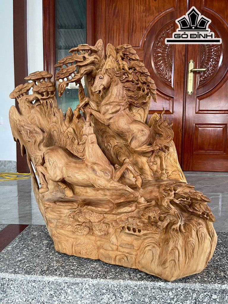 Tượng Song Mã Uyên Ương Gỗ Ngọc Am Cao 82 Ngang 73 Sâu 35 (cm)