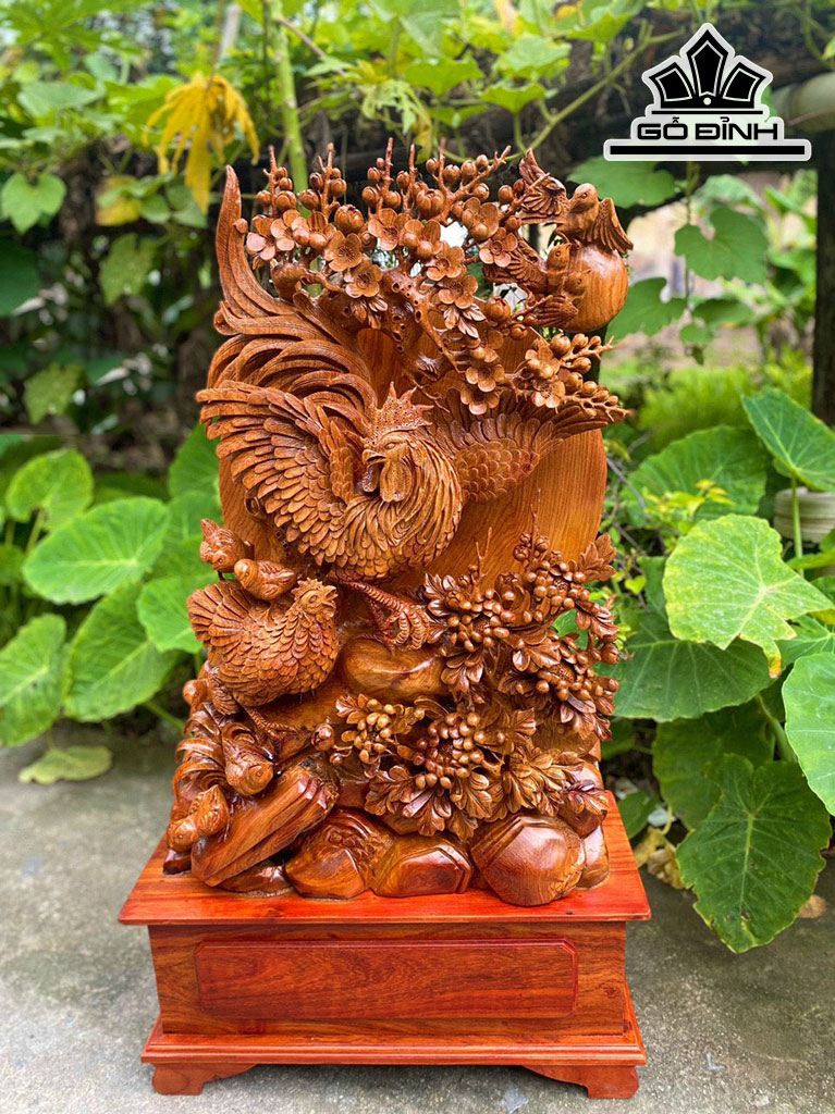 Tượng Gia Đình Gà Gỗ Hương Cao 91 Ngang 62 Sâu 26 (cm)