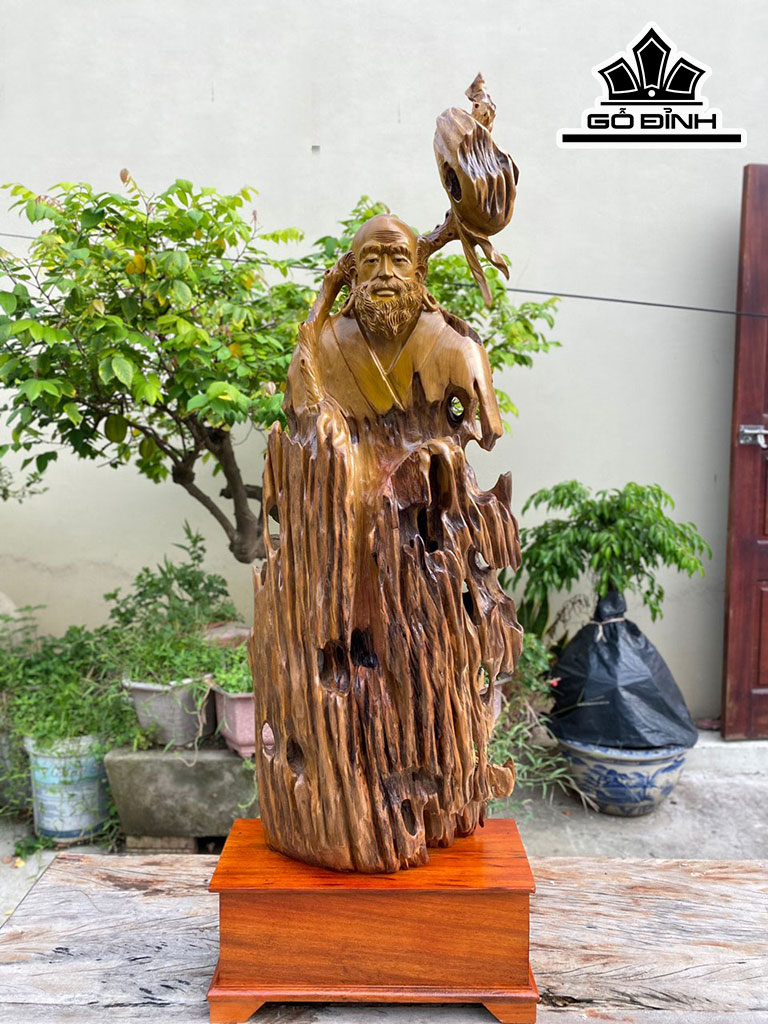 Tượng Đạt Ma Sư Tổ Gỗ Lũa Dổi Cao 108 Ngang 40 Sâu 17 Cao Cả Kỷ 128 (cm)