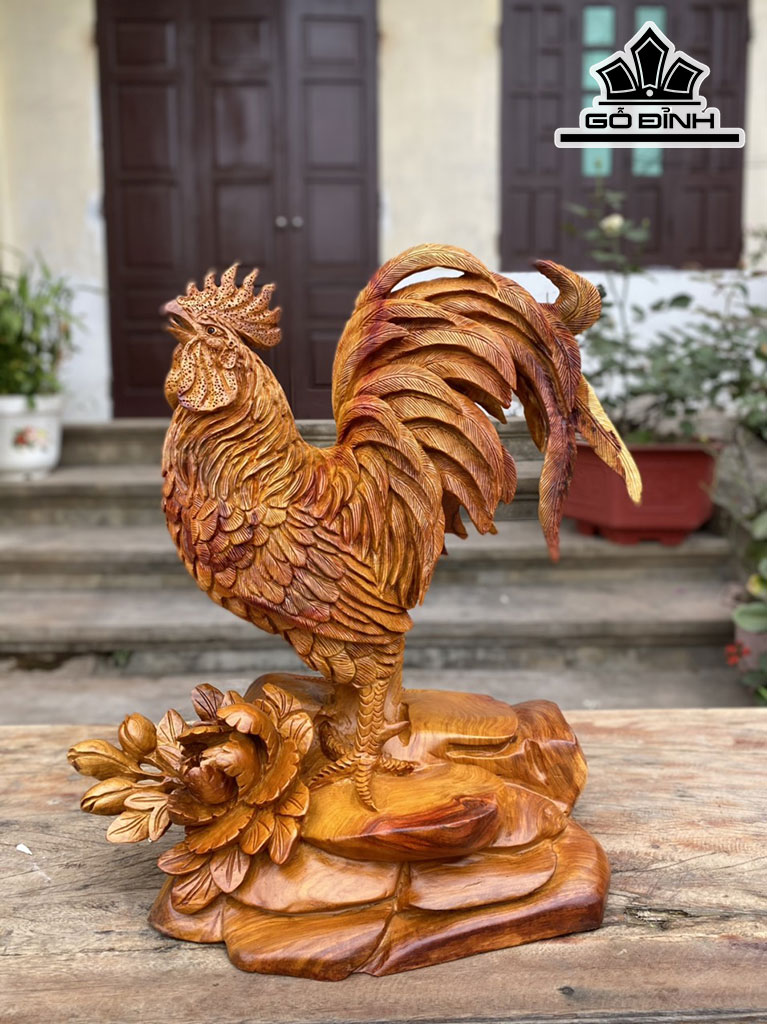 Tượng Gà Trống Gỗ Hương Cao 48 Ngang 40 Sâu 25 (cm)