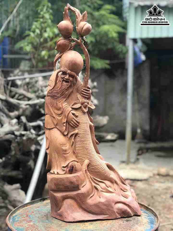Tượng Ông Thọ Ôm Nhân Sâm Gỗ Hương  Cao 70 Ngang 27 Dày 18 (cm)