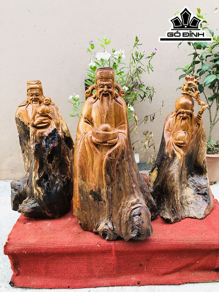 Tượng Phúc Lộc Thọ (Tam Đa) Gỗ Hương Cao 50 Ngang 25 Sâu 18 (cm)