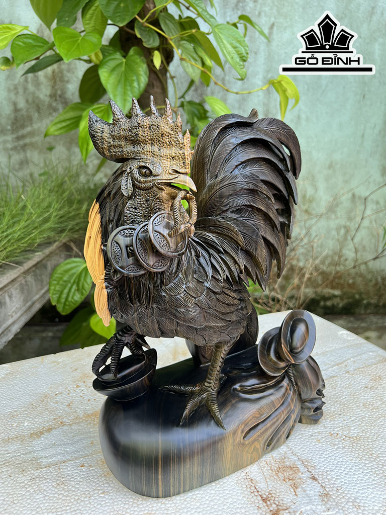 Tượng Gà Trống Gỗ Mun Hoa Cao 36 Ngang 25 Sâu 13 (cm)
