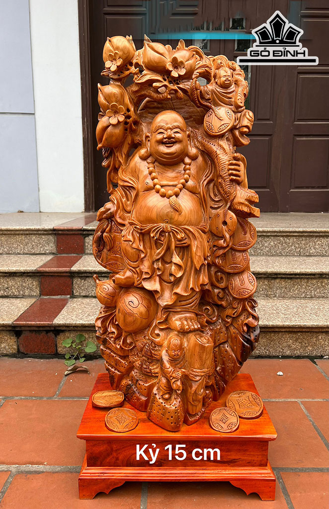 Tượng Phật Di Lặc Vác Cành Đào Gỗ Ngọc Am Cao 99 Ngang 40 Sâu 26 (cm)