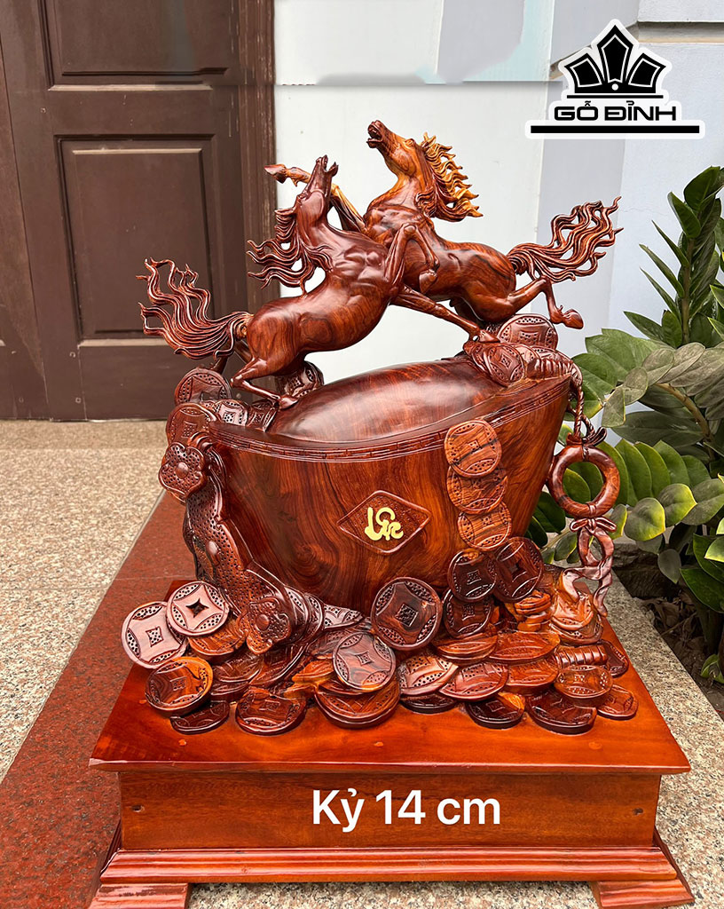 Tượng Song Mã Uyên Ương Gỗ Cẩm Cao 64 Ngang 48 Sâu 20 (cm)