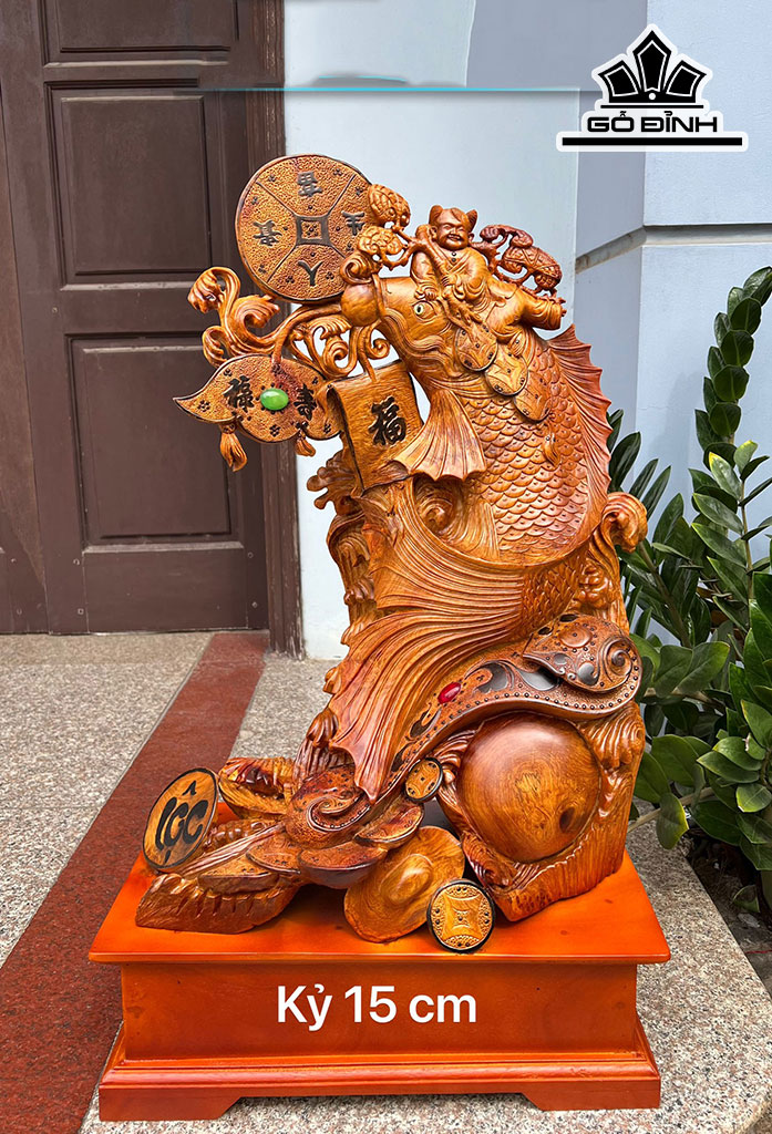 Tượng Tiểu Đồng Cưỡi Cá Chép Gỗ Hương Cao 79 Ngang 46 Sâu 26 (cm)