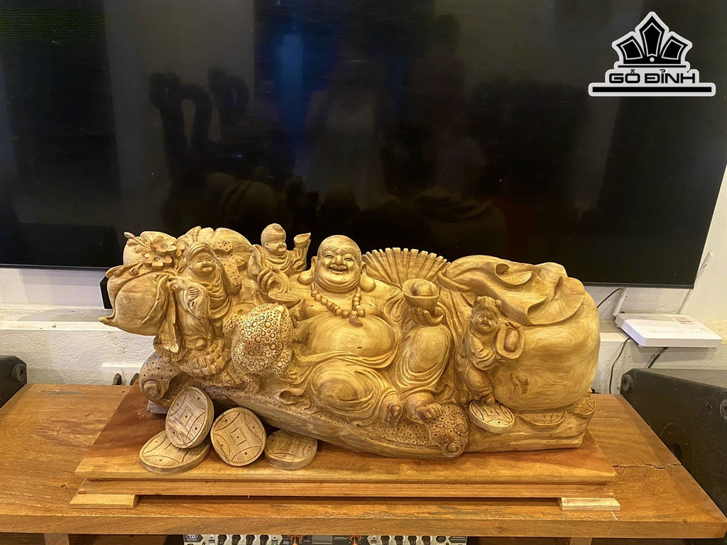 Tượng Phật Di Lặc Tam Phúc Gỗ Ngọc Am Cao 36 Ngang 85 Sâu 35 (cm)