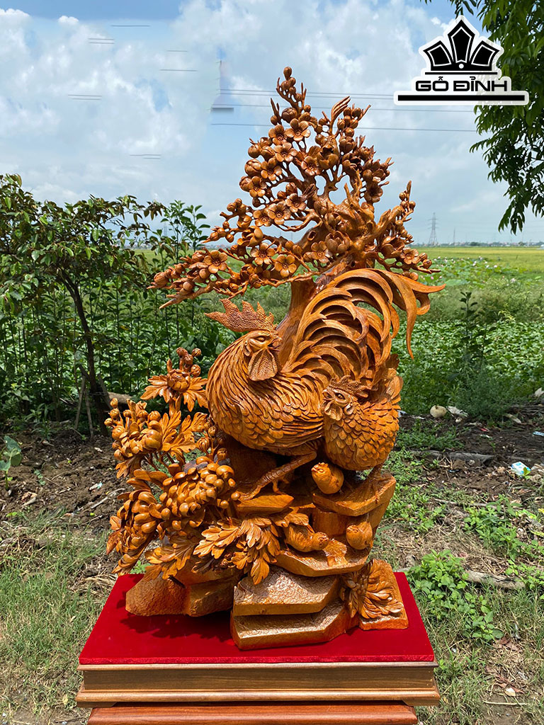 Tượng Gia Đình Gà Gỗ Hương Cao 107 Ngang 65 Sâu 25 (cm)