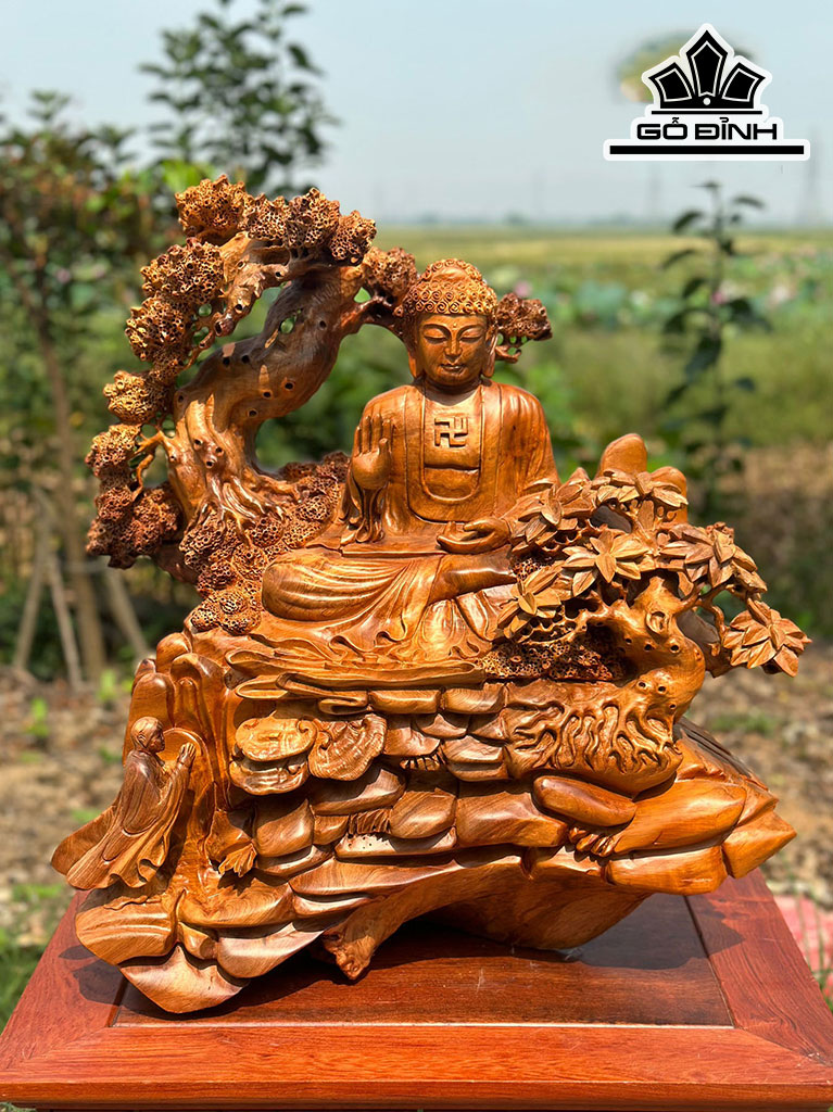 Tượng Phật Tổ Gỗ Hương Cao 57 Ngang 55 Sâu 25 (cm)