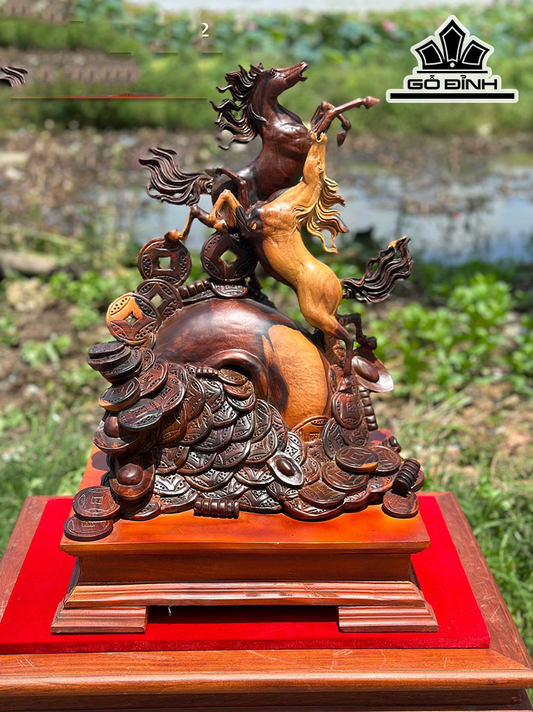 Tượng Song Mã Uyên Ương Gỗ Cẩm Cao 56 Ngang 39 Sâu 22 (cm)