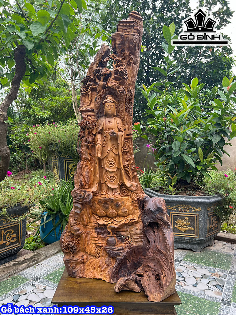 Tượng Phật Tổ Gỗ Bách Xanh Cao 109 Ngang 45 Sâu 26 (cm)