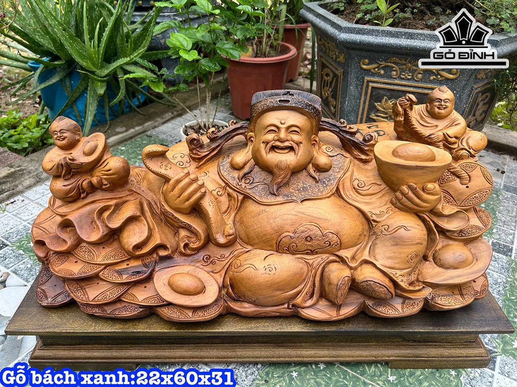 Tượng Thần Tài Gỗ Bách Xanh Cao 22 Ngang 60 Sâu 31 (cm)