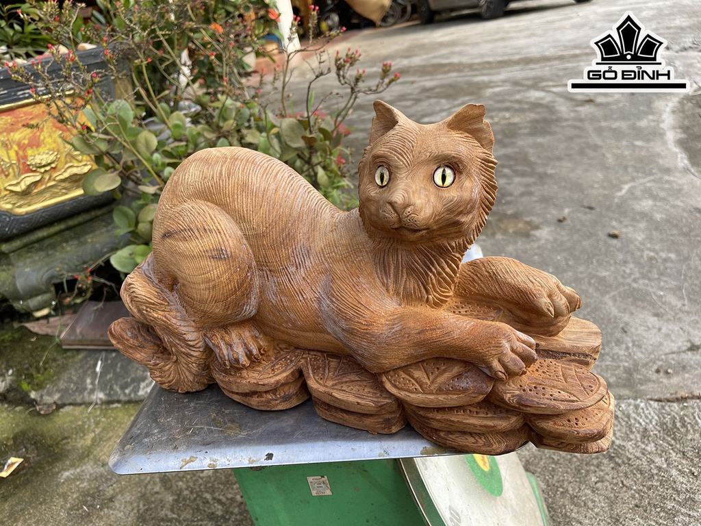 Tượng Mèo Gỗ Ngọc Am Ngang 42 Cao 26 Sâu 14 (cm)