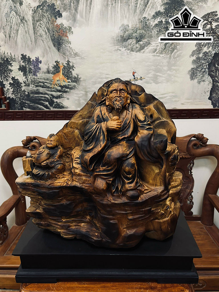 Tượng Thần Trà Gỗ Pơ Mu Cao 45 Ngang 46 Sâu 17 (cm)