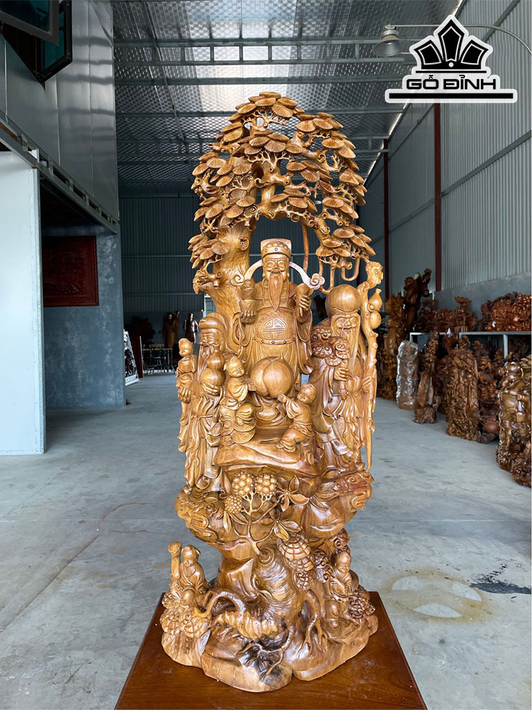 Tượng Phúc Lộc Thọ (Tam Đa) Gỗ Bách Xanh Cao 115 Ngang 46 Sâu 28 (cm)