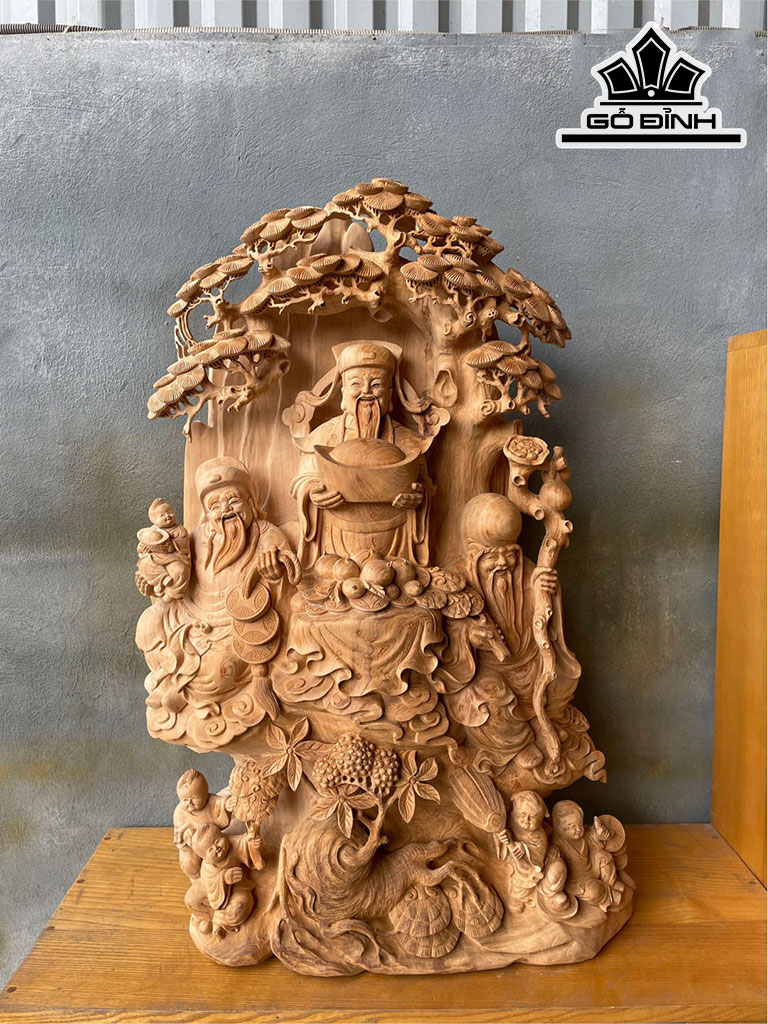 Tượng Phúc Lộc Thọ (Tam Đa) Gỗ Ngọc Am Cao 85 Ngang 55 Sâu 30 (cm)