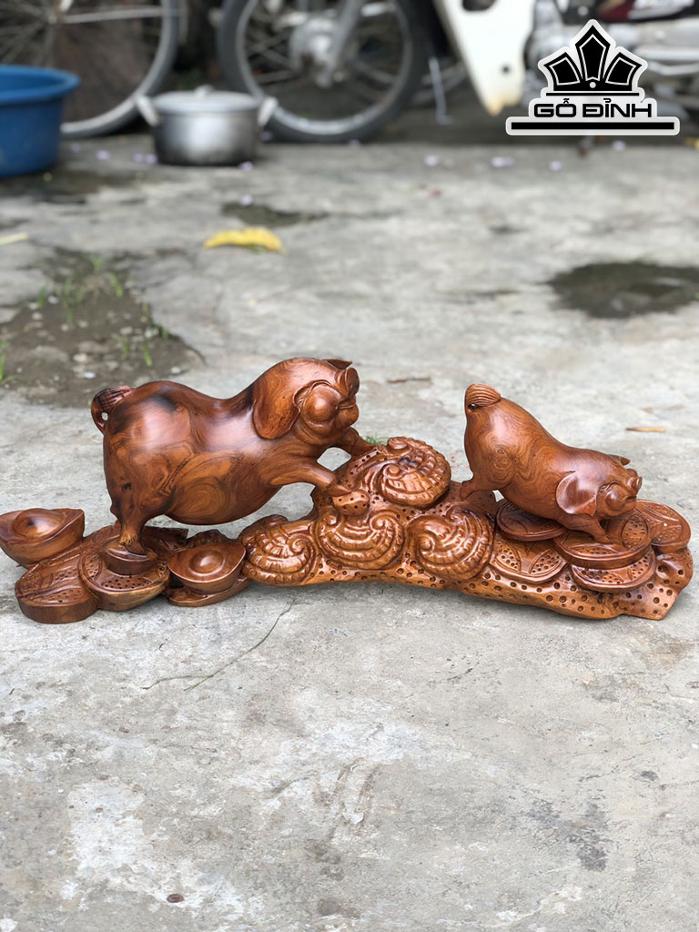 Tượng Heo Mẫu Tử Gỗ Hương Cao 60 Ngang 22 Sâu 15 (cm)