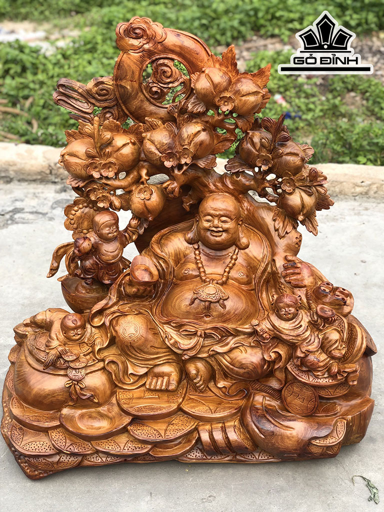 Tượng Phật Di Lặc Tam Phúc Gỗ Hương Cao 85 Ngang 80 Sâu 40 (cm)