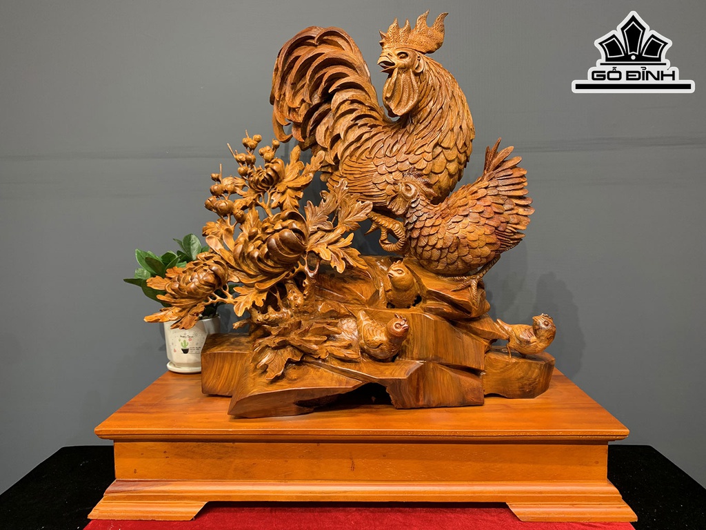Tượng Gia Đình Gà Gỗ Hương Cao 76 Ngang 75 Sâu 37 (cm)