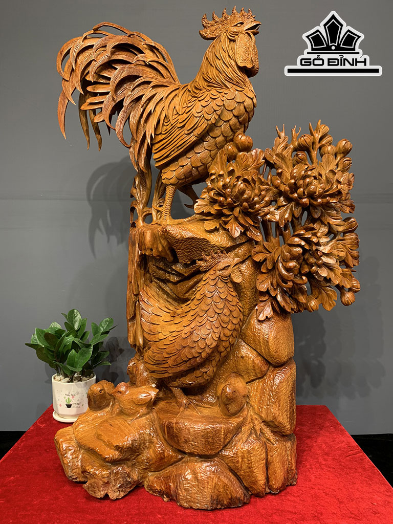 Tượng Gia Đình Gà Gỗ Hương Cao 90 Ngang 55 Sâu 29 (cm)