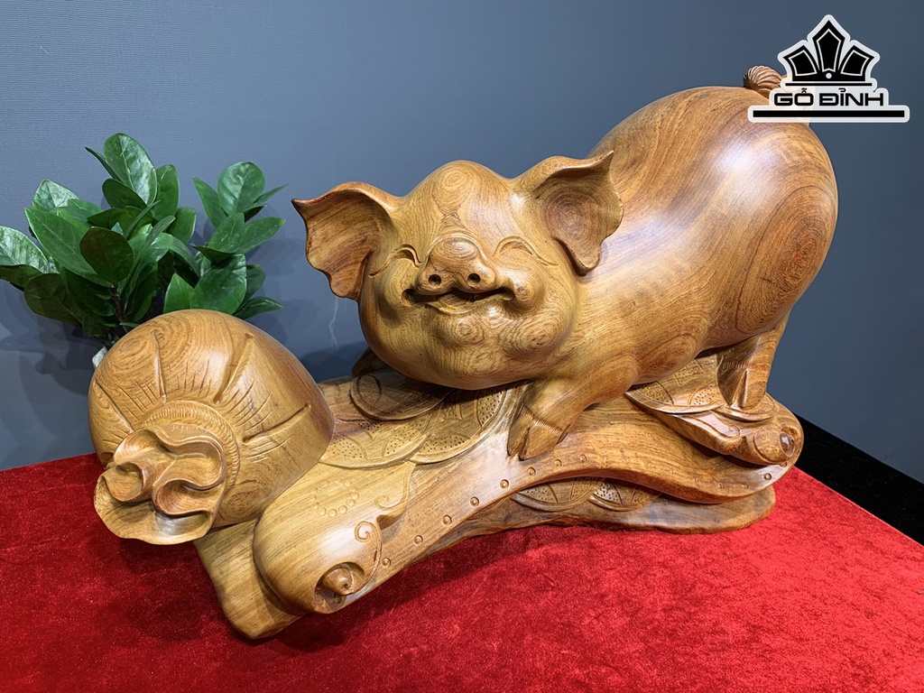 Tượng Heo Phong Thủy Gỗ Hương Cao 33 Ngang 50 Sâu 21 (cm)