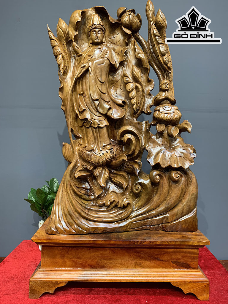 Tượng Phật Bà Quan Âm Gỗ Bách Xanh Cao 83 Ngang 46 Sâu 20 (cm)