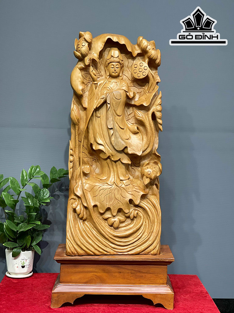 Tượng Phật Bà Quan Âm Gỗ Ngọc Am Cao 85 Ngang 40 Sâu 20 (cm)
