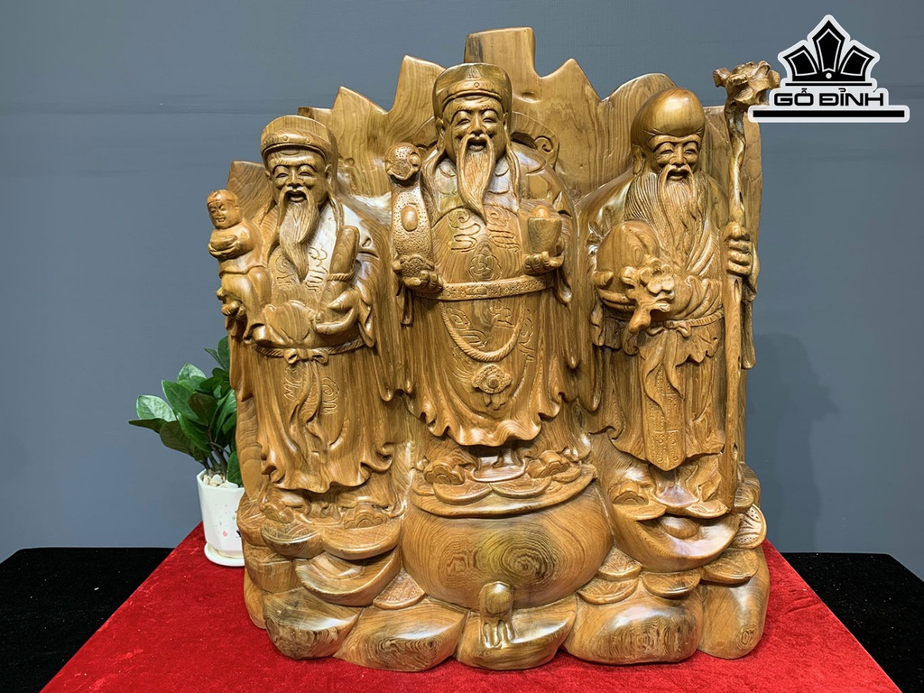 Tượng Phúc Lộc Thọ (Tam Đa) Gỗ Ngọc Am Cao 56 Ngang 51 Sâu 16 (cm)