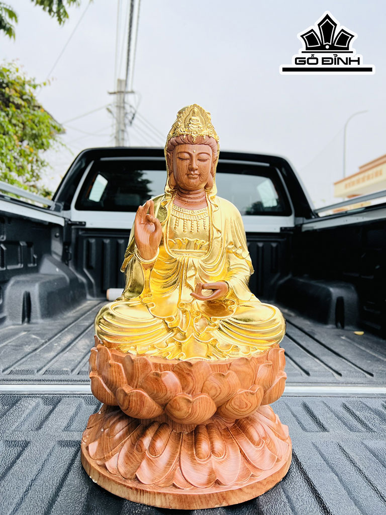 Tượng Phật Bà Quan Âm Gỗ Hương Cao 32 Ngang 32 Sâu 60 (cm)