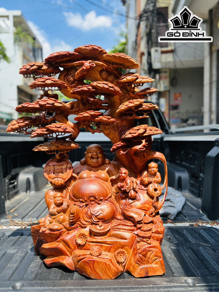 Tượng Phật Di Lặc Tam Phúc Gỗ Hương Cao 88 Ngang 60 Sâu 40 (cm)