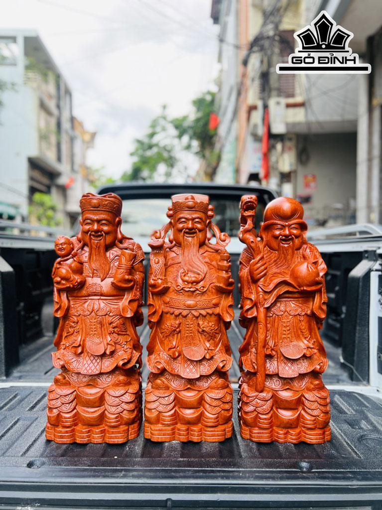 Tượng Phúc Lộc Thọ (Tam Đa) Gỗ Hương Ngang 22 Cao 60 Sâu 18 (cm)