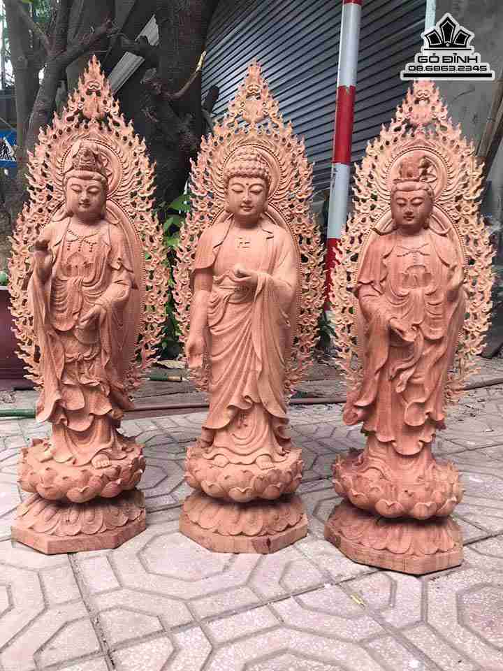 Tượng Tây Phương Tam Thánh Gỗ Hương  Cao 80 Rộng 28 Dày 28 (cm)