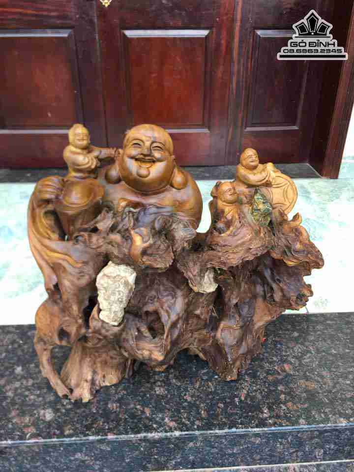 Tượng Phật Di Lặc Tam Phúc Gỗ Bách Xanh  Cao 63 Rộng 69 Dày 30 (cm)