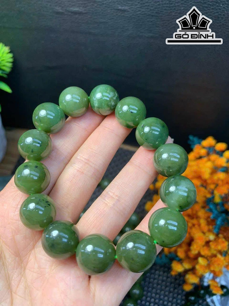 Vòng Tay Đá Ngọc Bích (Nephrite Jade) Đường Kính Hạt 14 (mm)