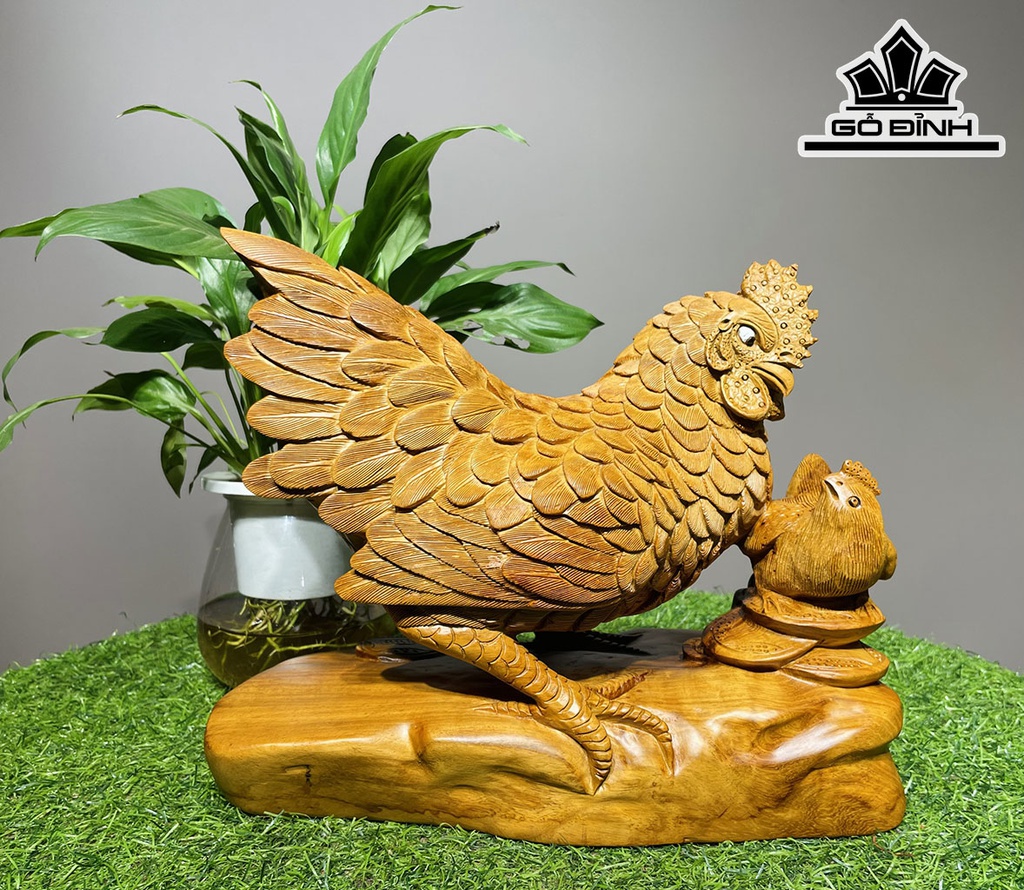 Tượng Gà Phong Thủy Gỗ Hương Cao 25 Ngang 30 Sâu 15 (cm)