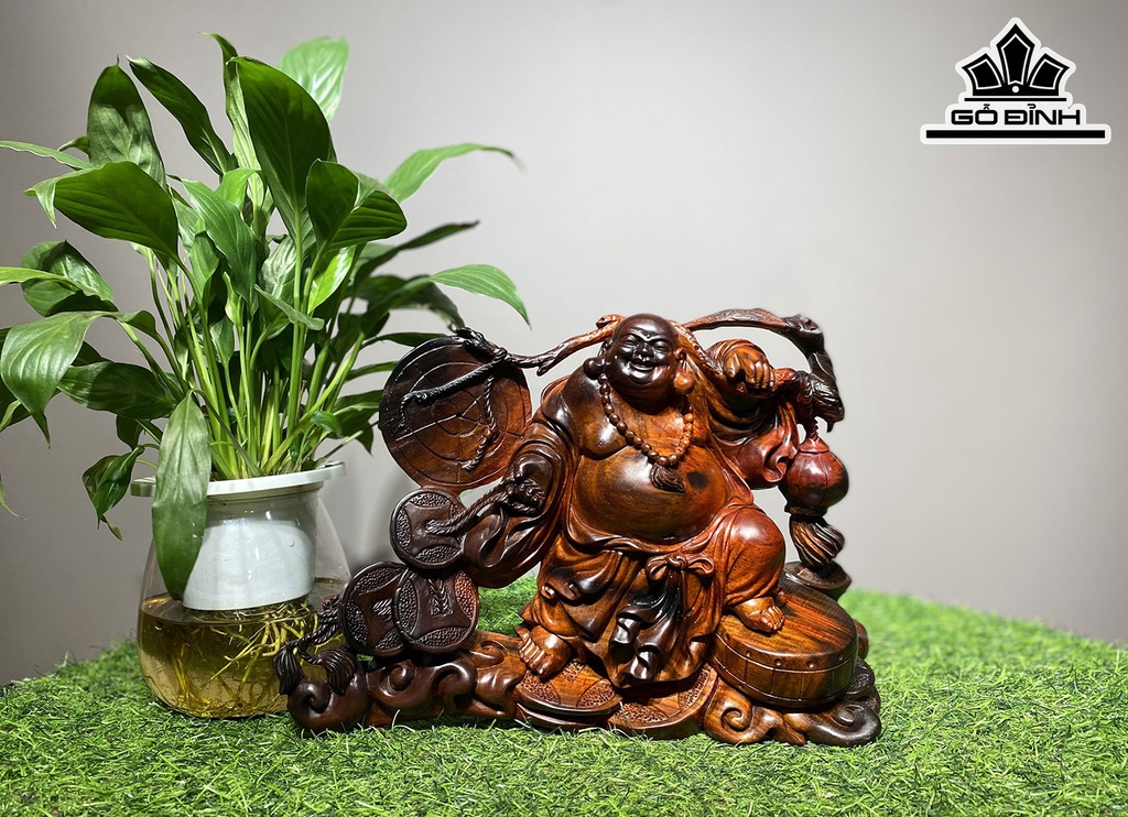 Tượng Phật Di Lặc Kéo Bao Tiền Gỗ Trắc Cao 20 Ngang 30 Sâu 9 (cm)